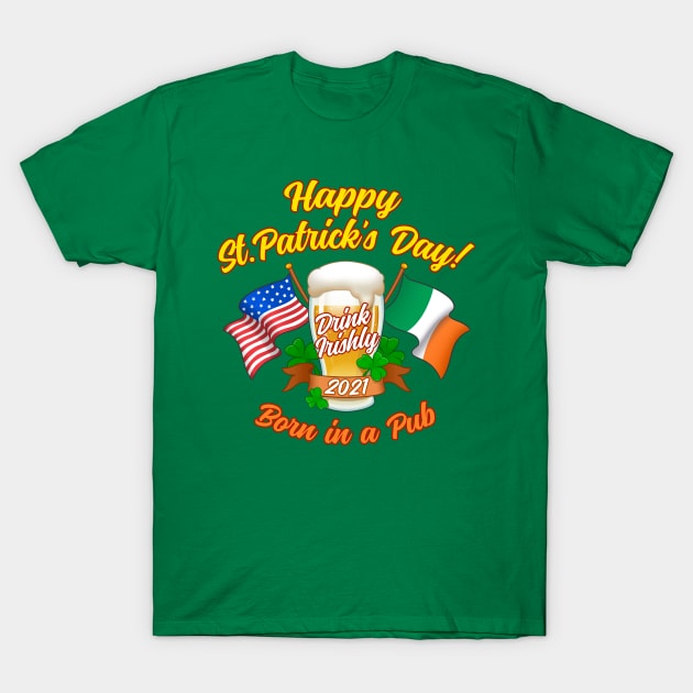 Shamrocks Beer Mug St. Patrick's Day Irish And American USA Flags T-Shirt by Scud"